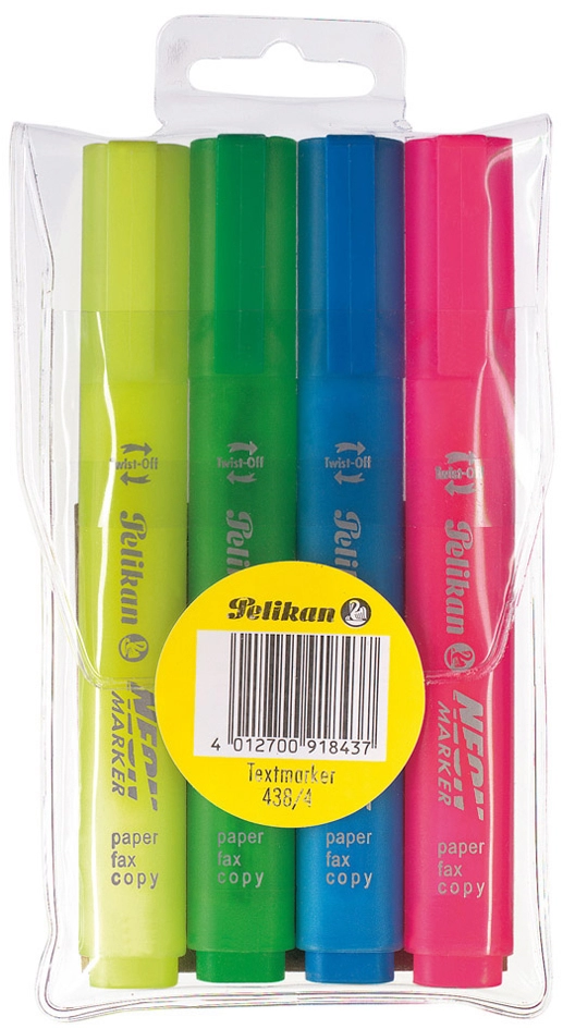 Een pelikan markeerstift 438 neon 4 stuks etui koop je bij NiceSupplies.nl