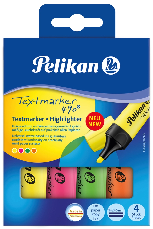 Een pelikan tekstmarker 490 4 stuks etui kleuren assorti koop je bij NiceSupplies.nl