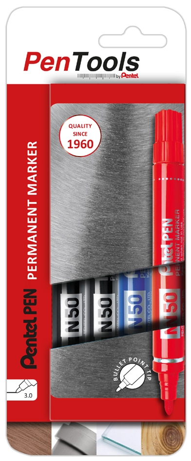 Een pentel permanent-marker n50 ronde punt 4 stuks etui assorti koop je bij NiceSupplies.nl