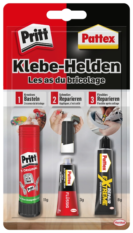 Een pritt/pattex klebehelden 3 klebeprodukte van blisterkaart koop je bij NiceSupplies.nl