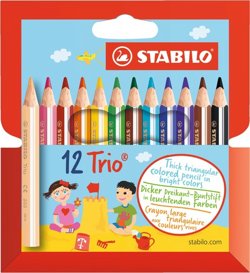 Een stabilo driehoekige kleurpotloden trio dik kort 12 stuks etui koop je bij NiceSupplies.nl