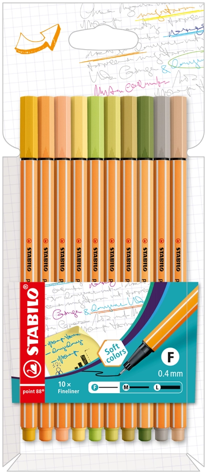 Een stabilo fineliner point 88 10 stuks kartonnen etui nieuwe kleuren koop je bij NiceSupplies.nl