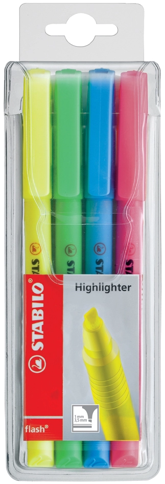 Een stabilo markeerstift flash 4 stuks pp-etui koop je bij NiceSupplies.nl