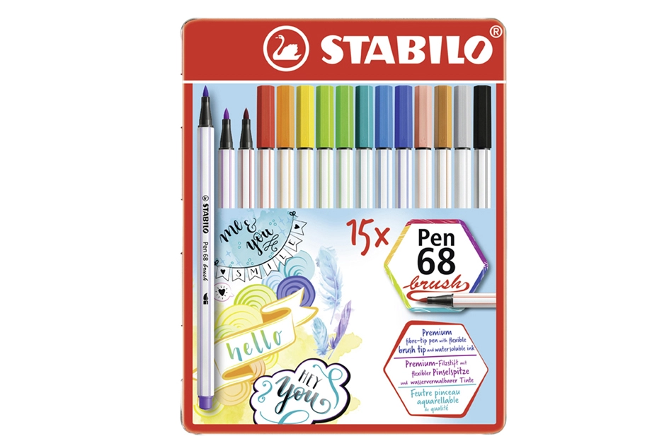 Een stabilo penseelstift pen 68 brush 15 stuks metalen doos koop je bij NiceSupplies.nl