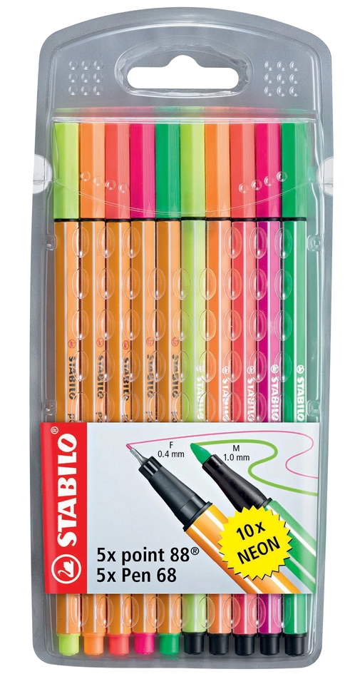 Een stabilo viltstiften pen 68-fijnschrijver point 88 10 stuks etui koop je bij NiceSupplies.nl