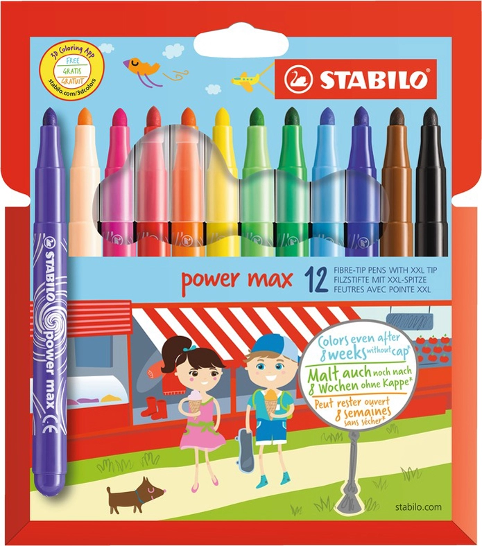 Een stabilo viltstiften power max rond 12 stuks kartonnen etui koop je bij NiceSupplies.nl