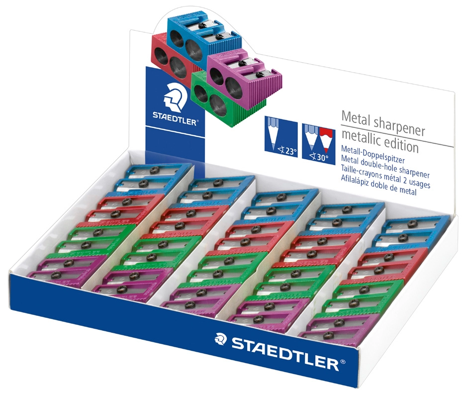 Een staedtler dubbele puntenslijper metallic van metaal 20 stuks display koop je bij NiceSupplies.nl