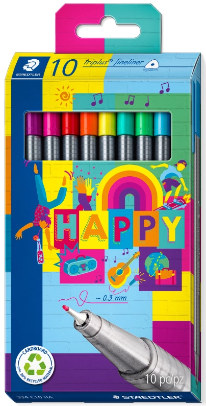 Een staedtler fineliner triplus happy 10 stuks kartonnen etui koop je bij NiceSupplies.nl