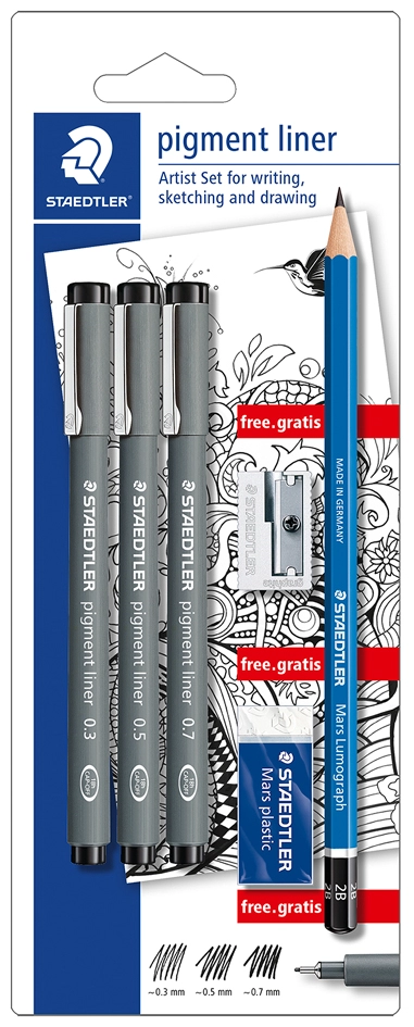 Een staedtler pigmentliner set zwart blisterkaart koop je bij NiceSupplies.nl