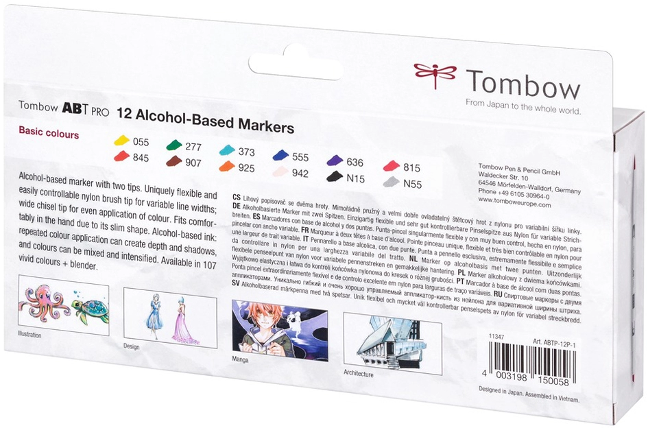 Een tombow marker abt pro op alcoholbasis 12 stuks set basic colors koop je bij NiceSupplies.nl