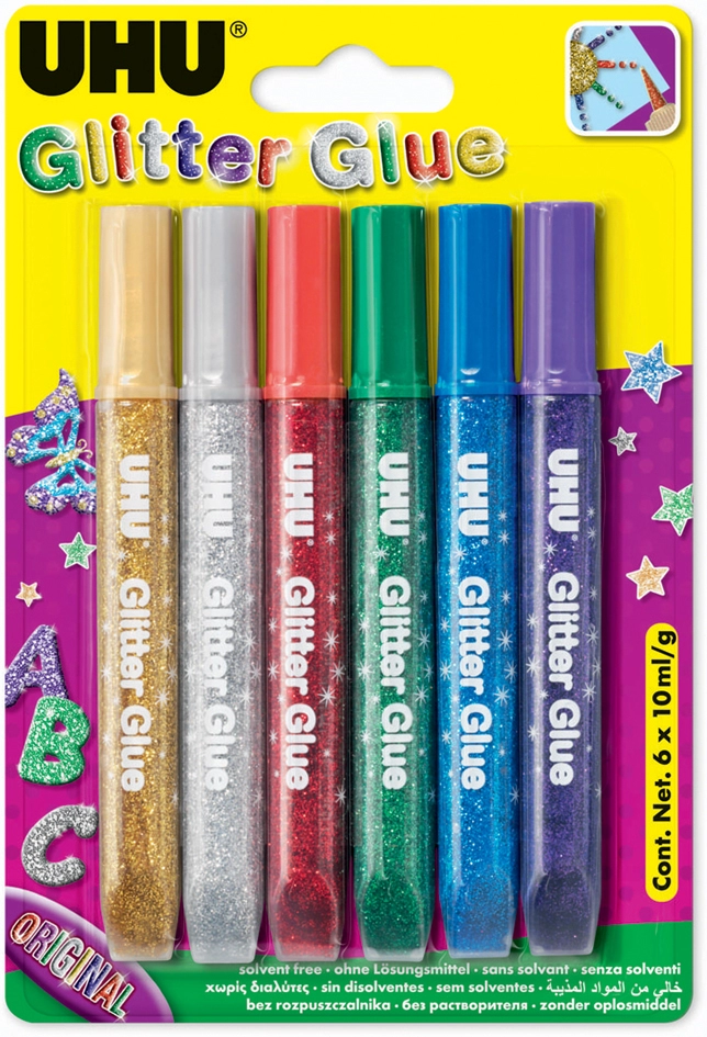 Een uhu glitter lijm glitter lijm inhoud 6x10 ml koop je bij NiceSupplies.nl