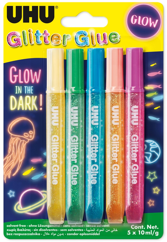 Een uhu glitterlijm glitter lijm glow in the dark 5x10 ml koop je bij NiceSupplies.nl