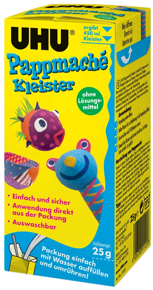 Een uhu papier-mache oplosmiddelenvrij 25gr ergibt 450 ml kleister koop je bij NiceSupplies.nl