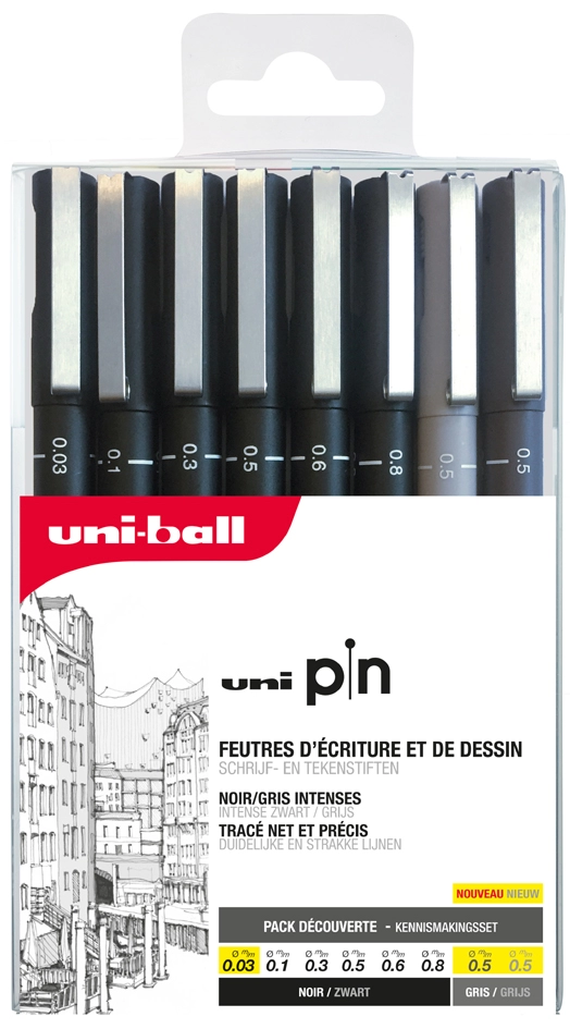 Een uni-ball fineliner pin asp010 8 stuks set koop je bij NiceSupplies.nl