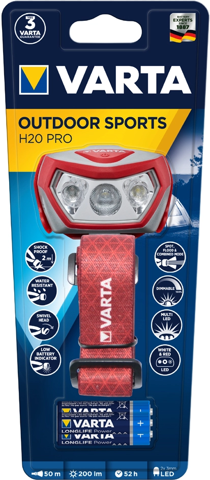 Een varta led-koplamp 'outdoor sports h20 pro' rood/grijs koop je bij NiceSupplies.nl